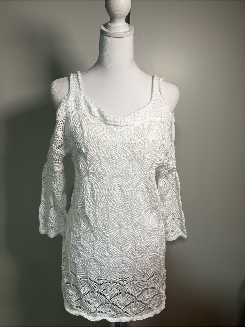 JEANNE PIERRE White Crochet Off-the-Shoulder Sweater